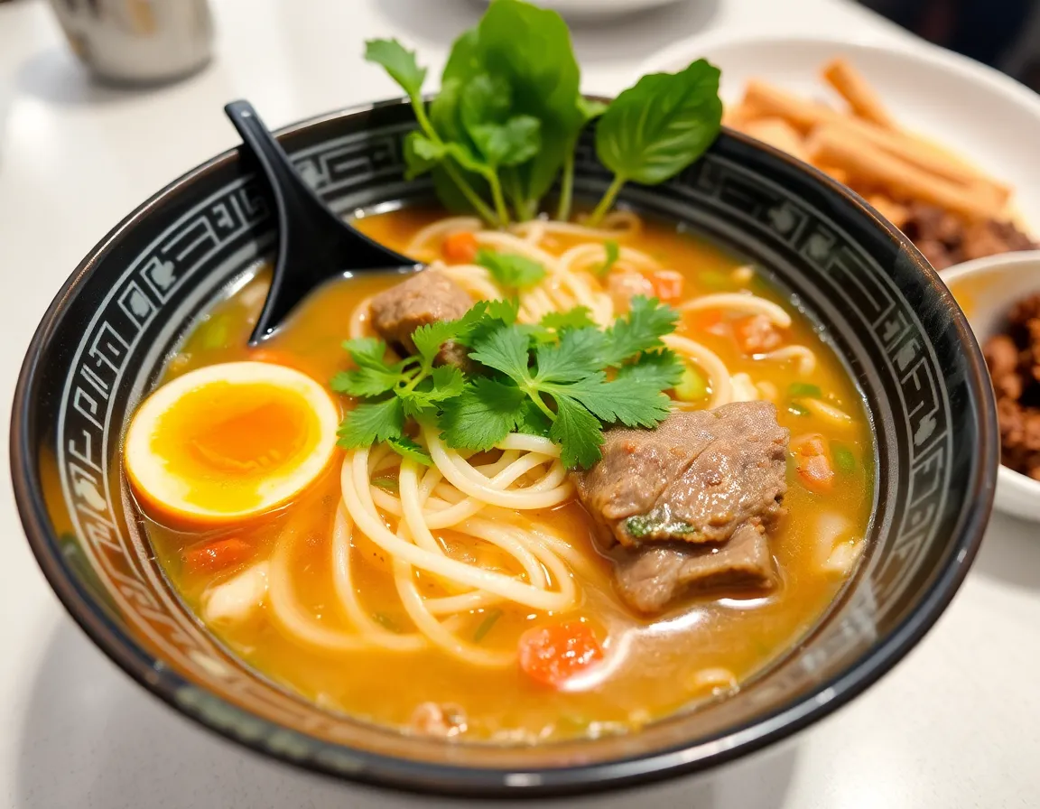 Tô phở nóng với rau thơm và thịt bò