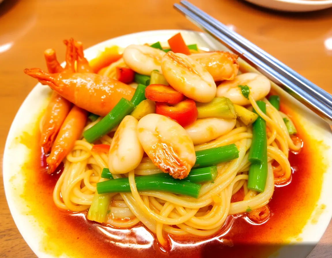 Mì xào hải sản với rau củ tươi